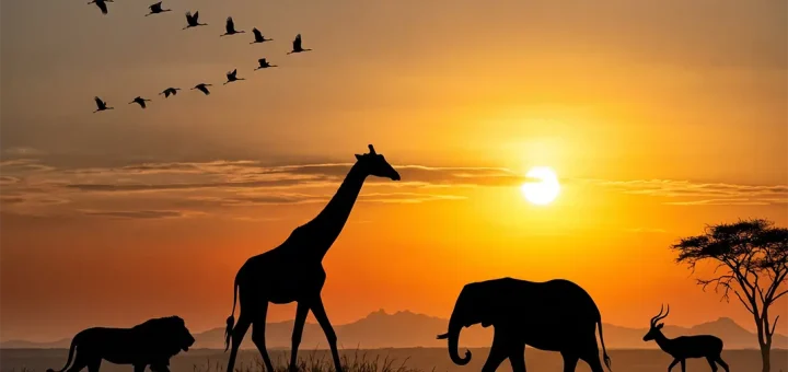 Majestic animal silhouettes wander across a brilliant golden sunset