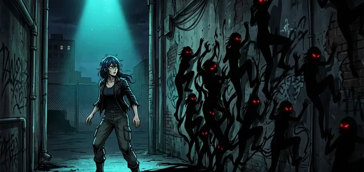 Glowing teal light reveals menacing shadows stalking the alleyway