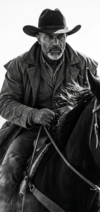 Dramatic cowboy silhouette riding a powerful horse across open plains