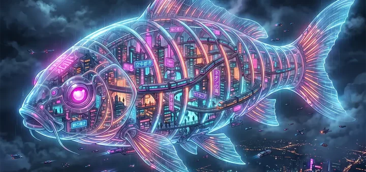 Luminous mechanical leviathan drifts silently above a cyberpunk metropolis