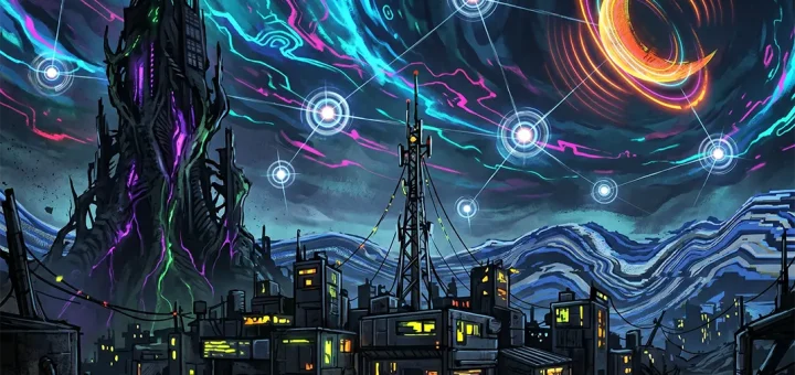 Dark industrial spires rise beneath a swirling neon cosmos