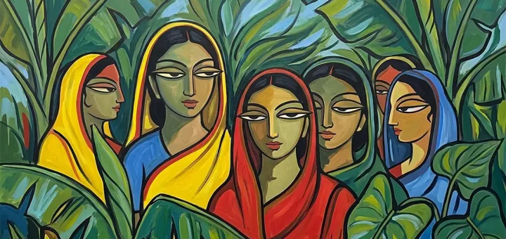 Serene women emerge gracefully from lush emerald tropical foliage