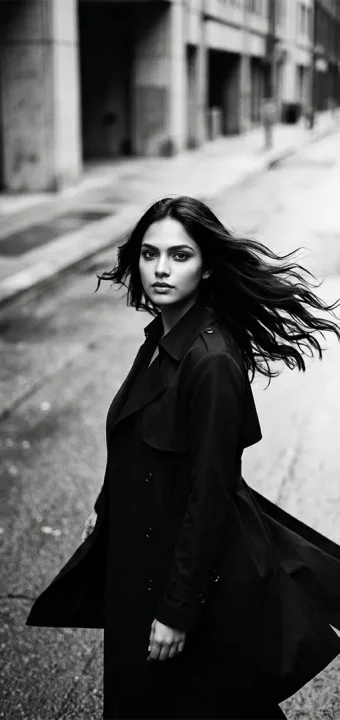 Cinematic breeze sweeps a dark silhouette across urban streets