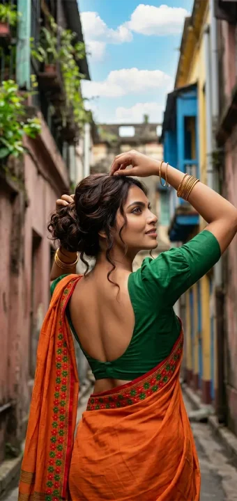 Graceful woman in green sari walking through a narrow alleyway
