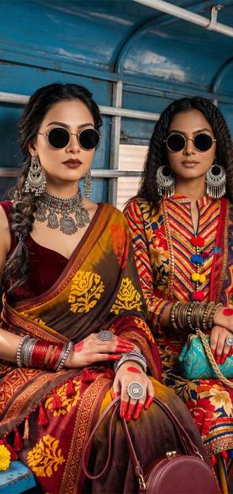 Vibrant heritage textiles contrast with bold modern cinematic attitudes.