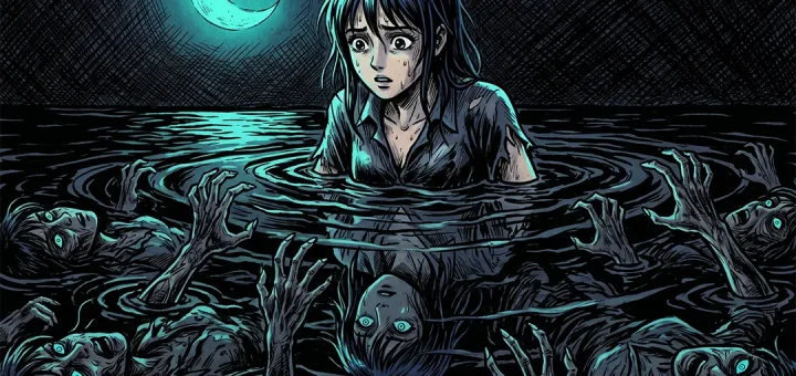 Haunting indigo waters reflecting a girl haunted by rising spirits