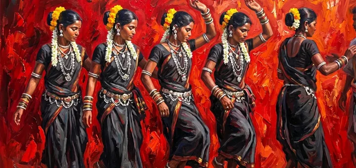 Rhythmic dancers swirl in dark garments against fiery crimson