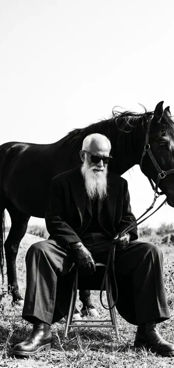 A contemplative bearded man sitting beside a majestic black horse