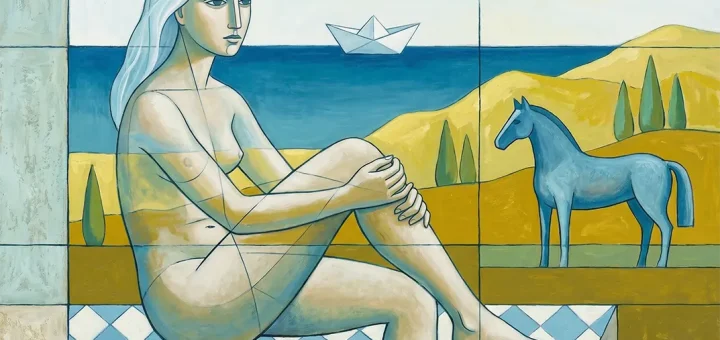 Pale figure and blue horse inhabit a fragmented dreamscape